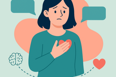 Alexitimia dificultad para expresar emociones Mujer con mano en el pecho, bocadillos vacíos y vínculo cerebro-corazón; representa la alexitimia y la dificultad para expresar emociones.